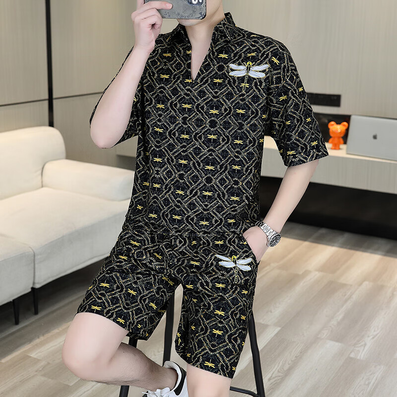 洛科驰翻领短袖套装男士冰丝潮流时尚休闲印花V领薄款短裤两件套 7704蜻蜓-咖色 M