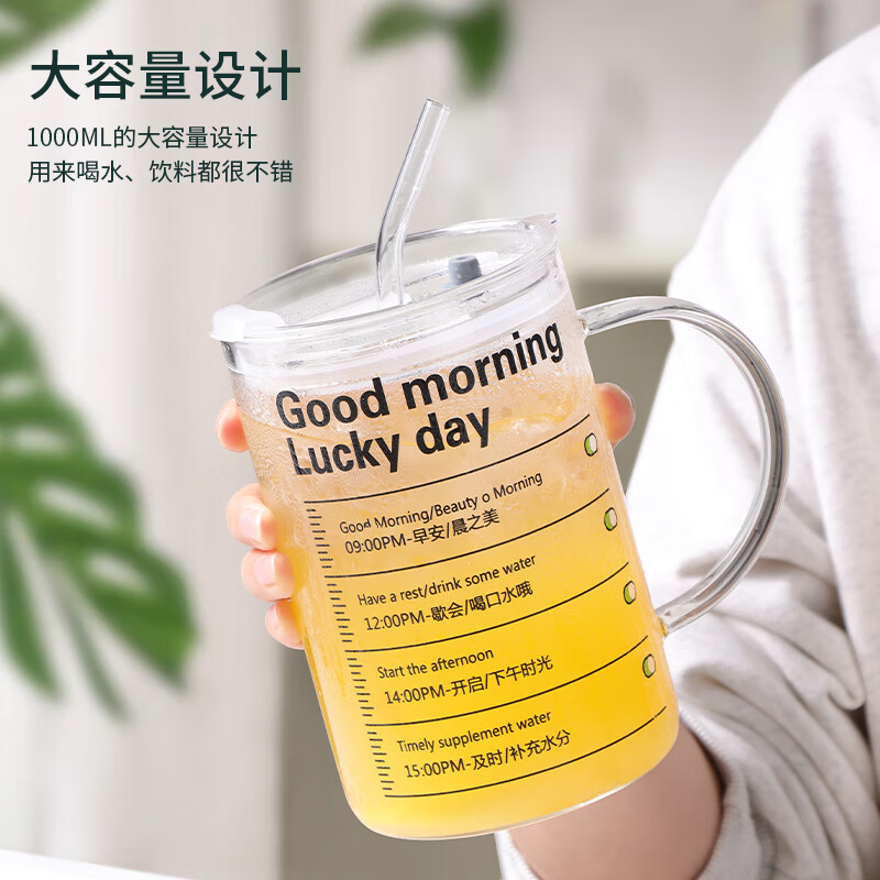 拜杰高硼硅玻璃杯带吸管杯大容量办公室泡茶杯子耐高温水杯1000ml