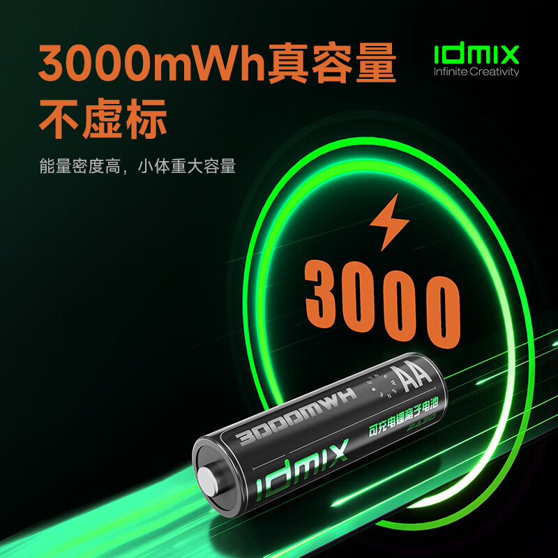 IDMIX充电电池5号锂离子电池套装大容量5号AA锂电池3000mWh快速充电8仓8粒摇控器玩具相机话筒血压计用 5号电池8粒+8仓电池充电器套装