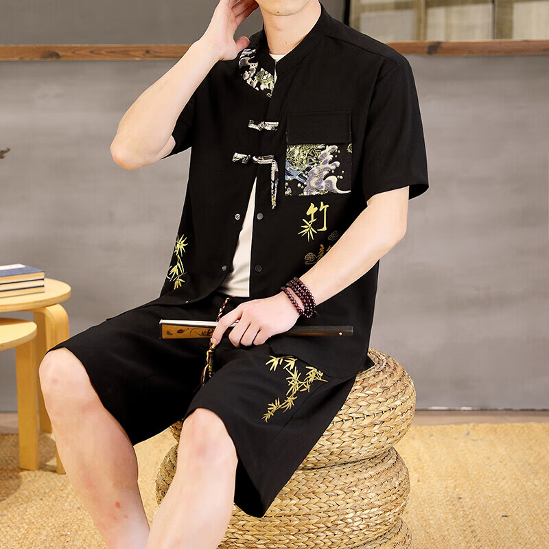 洛科驰短袖短裤唐装汉服套装2025夏季新款中国风古装潮流时尚衬衫两件套 8878黑色 M 90-105斤