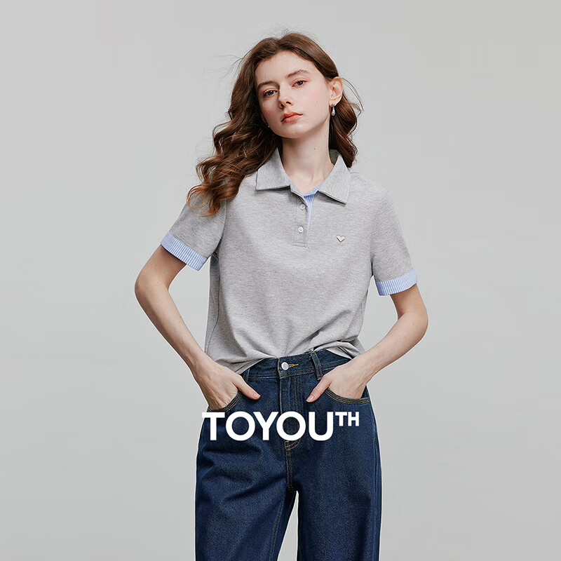 初语撞色条纹翻袖POLO衫女2025夏季新款珠地复古休闲小衫上衣 花灰色 M