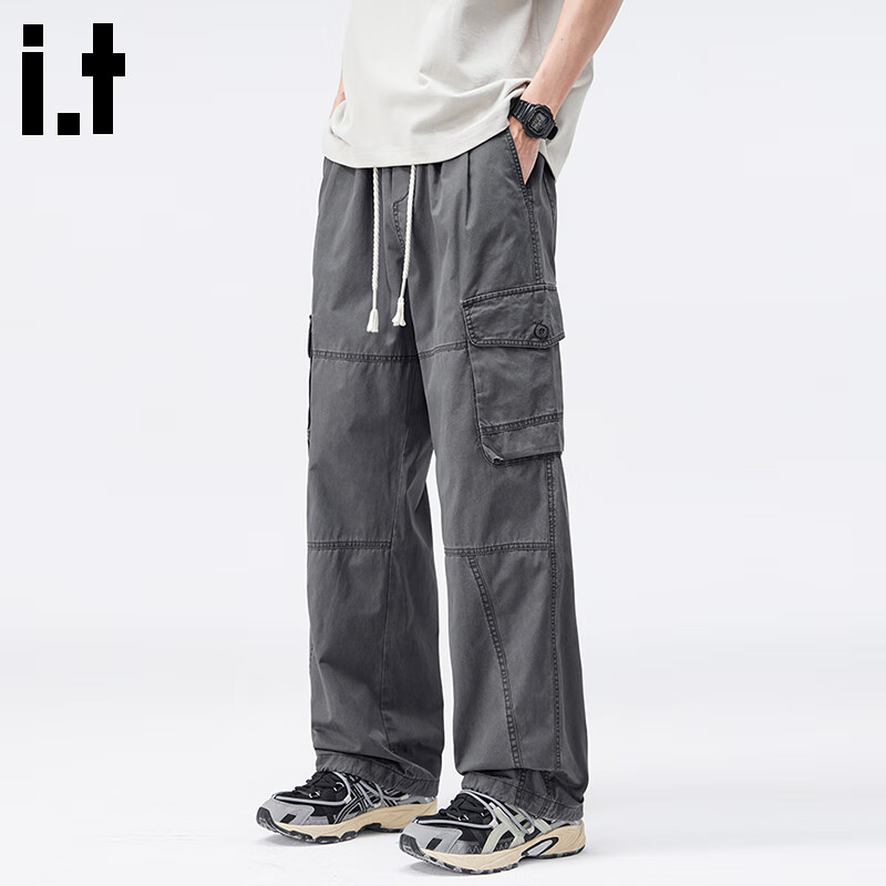 :CHOCOOLATE it潮牌工装裤男2025夏季薄款纯棉宽松直筒休闲裤 灰色 L 【建议120斤-140斤】