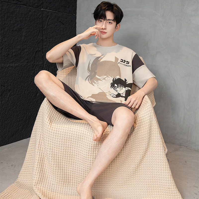 萧淑妃夏季卡通柯南纯棉男士睡衣可外穿青少年学生短袖短裤家居服套装 少年柯南 5XL