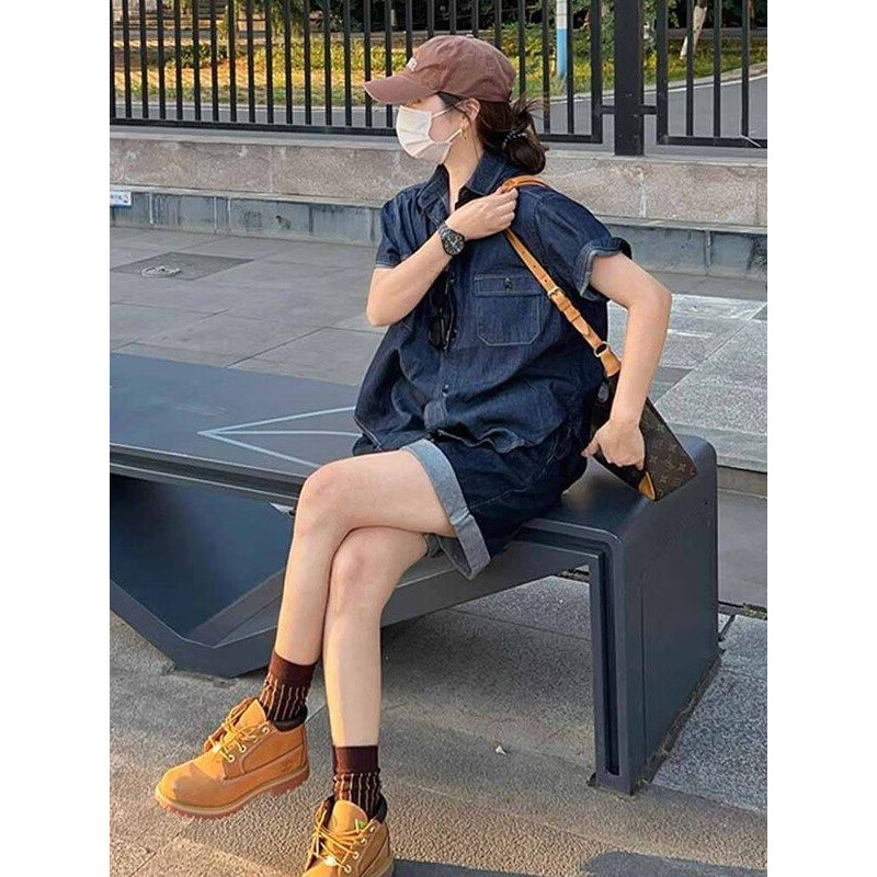 妃莉杋(FeiLiFan)夏季休闲女装套装2026新款韩版宽松显瘦短袖衬衫牛仔短裤女一整套 衬衫+短裤 M