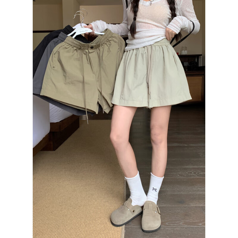 肆缄冰丝速干运动短裤女夏薄款褶皱阔腿休闲裤 深灰色 S