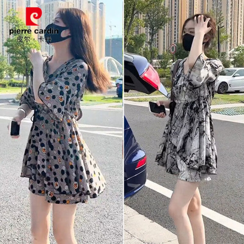 皮尔卡丹(pierre cardin)夏季雪纺套装宽松高腰显瘦洋气时尚连衣裙大码女装胖mm短裤两件套 水墨色套装【连衣裙+裤子】 XL 建议【125-140斤】