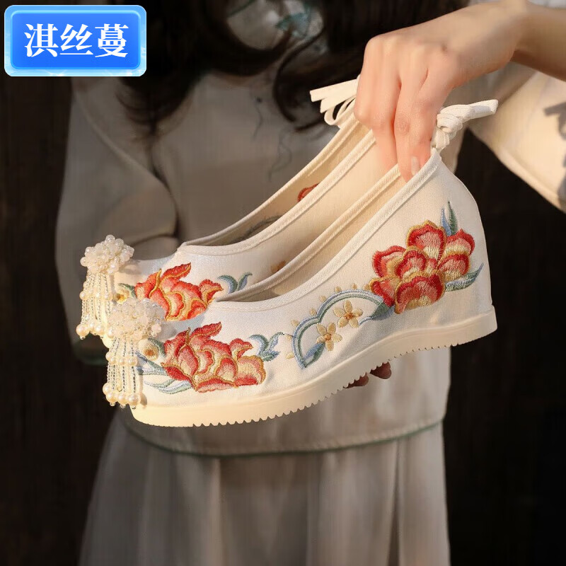 淇丝蔓新款古风汉服鞋子春单鞋内增高学生搭配古装翘头鞋刺绣淡雅绣花鞋 炫彩(6.6厘米)白色标准 37