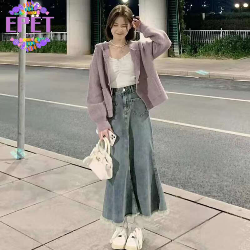 EPET复古a字牛仔半身裙女2025新款夏高腰显瘦鱼尾小个子蓝色百搭长裙 主图款 XL 【115-130斤】