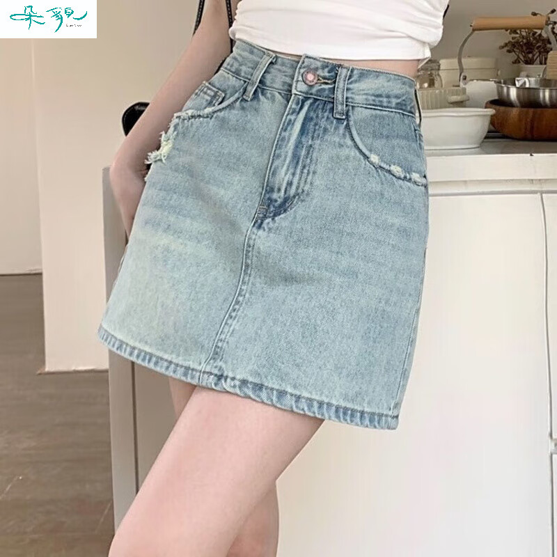 朵貌淺色磨破牛仔半身裙防內(nèi)襯短裙女2025夏薄款新品高腰顯瘦破洞裙子 牛仔裙 S