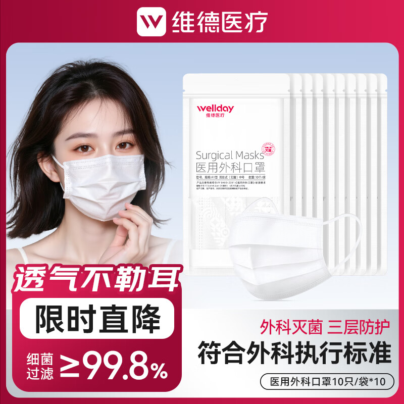 维德（WELLDAY）一次性医用外科口罩挂耳式三层无菌级防病毒细菌秋冬季透气防风 【医用外科灭菌】白色100只