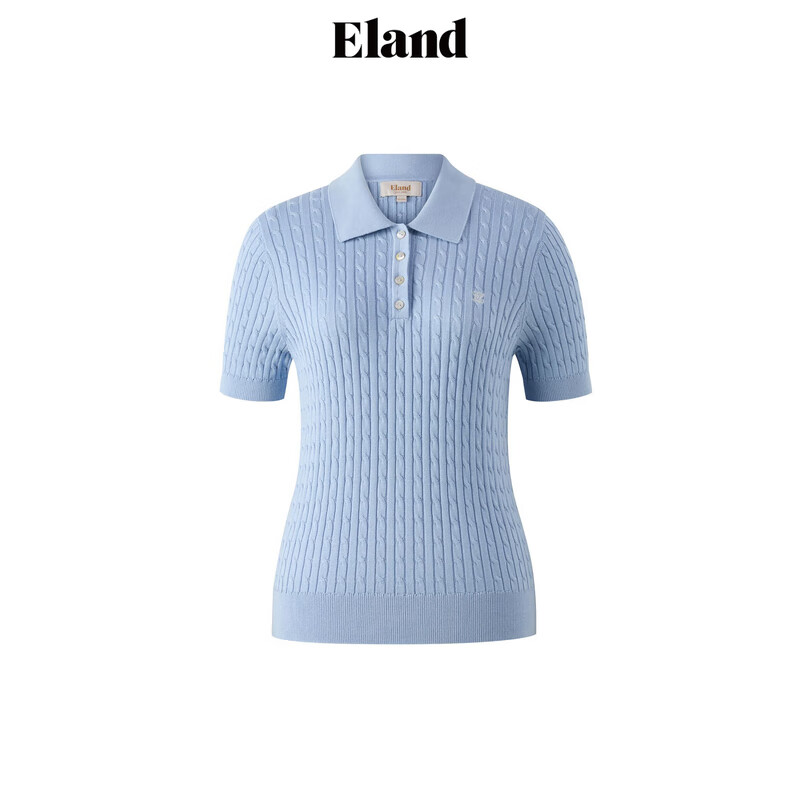 ELAND衣恋毛衣女复古翻领短袖合身显瘦长袖针织衫2025新款 浅蓝色EEKWF24E05 棉52% S /160