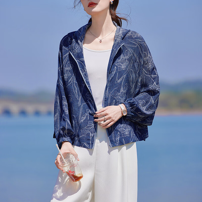 古地斯重磅桑蠶絲外套女春夏夾克衫防曬真絲百搭開衫寬松休閑上衣空調(diào)衫 牛仔藍(lán) M