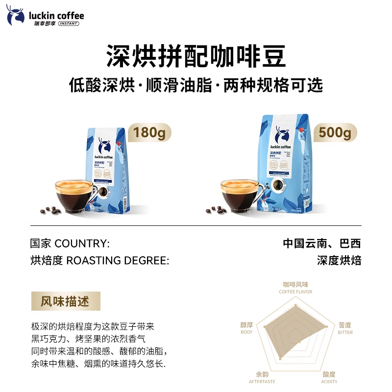 瑞幸咖啡（luckincoffee）精品深烘拼配咖啡豆意式浓缩醇香现磨咖啡粉手冲黑咖啡 深烘拼配咖啡豆 500g /袋