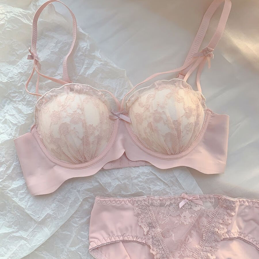 GEEZORO日系Lolita内衣女纯欲小胸聚拢无钢圈提胸bra甜美蕾丝少女文胸罩 粉色文胸 S 32/70AB