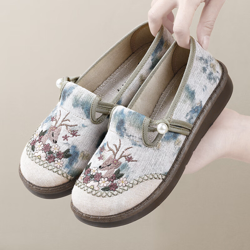 意迪森2025春季新款老北京布鞋女士百搭防滑绣花鞋懒人一脚蹬平底妈妈鞋 灰色 34 (220mm)
