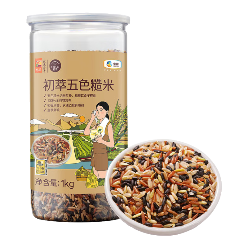 初萃中糧 糙米藜麥紅豆綠豆粗糧谷物雜糧1kg 健身雜糧米米飯 多款可選 五色糙米1kg*1罐