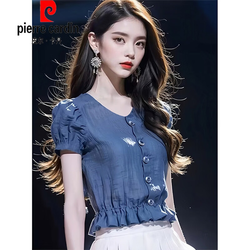 皮爾卡丹（pierre cardin）藍(lán)色短袖襯衫女夏季短款洋氣卡腰小衫時(shí)尚時(shí)髦法式感雪紡上衣針織 藍(lán)色 L 105-120斤
