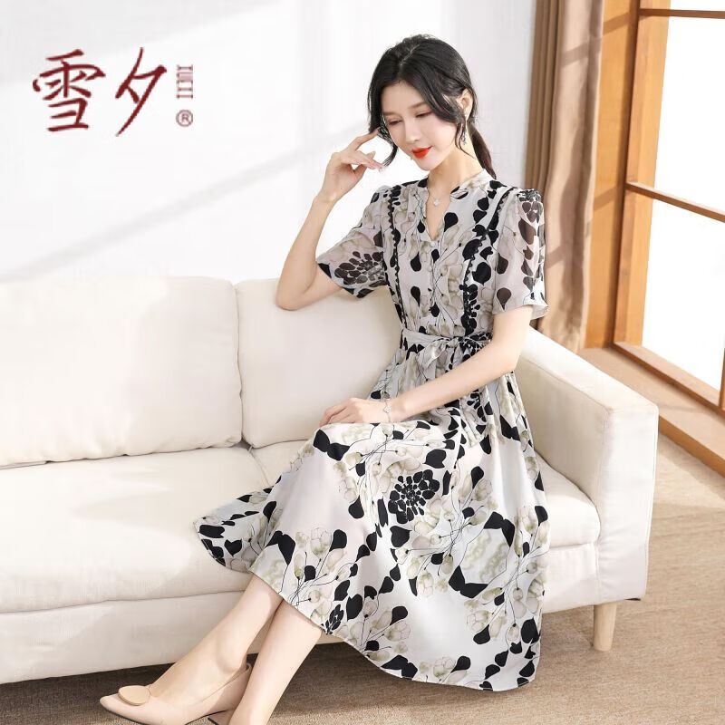 雪夕（XUEXI）時(shí)尚媽媽夏裝新款氣質(zhì)V領(lǐng)雪紡連衣裙中老年女夏季短袖薄款長(zhǎng)裙子