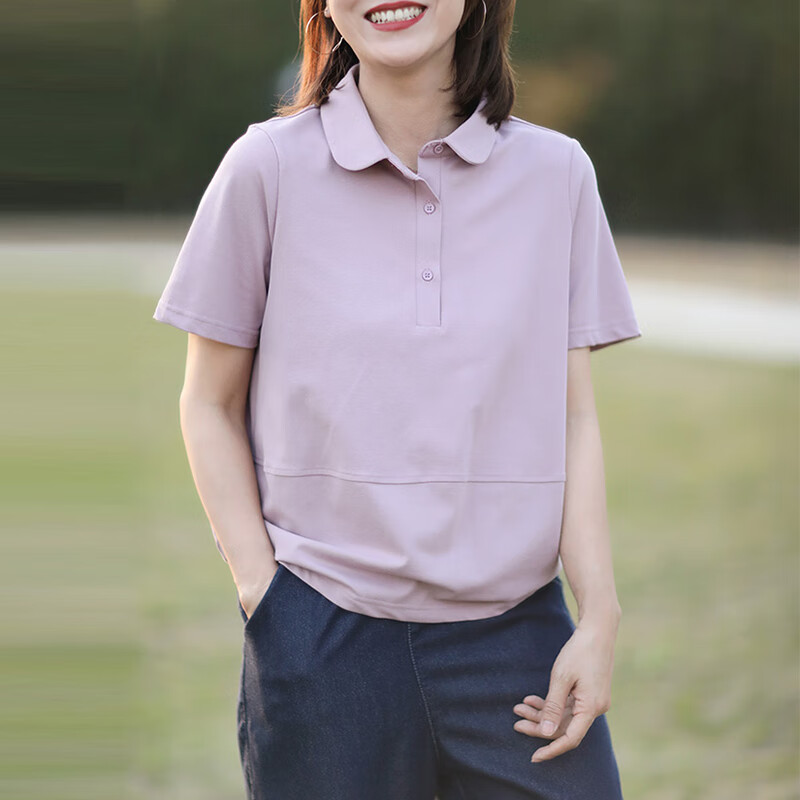 塔馳密司（touchmiss）TOUCH MISS簡(jiǎn)約糖果色T恤上衣女2025新款親膚娃娃領(lǐng)短袖套頭衫夏 莫蘭迪粉 均碼