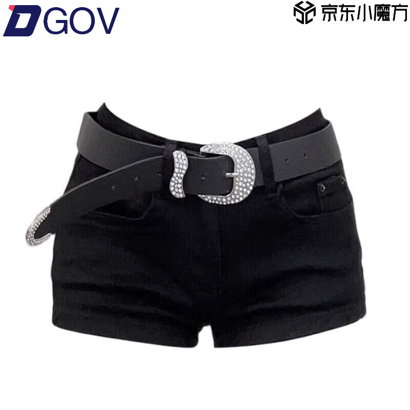 DGOV高街暗黑y2k低腰牛仔短褲女夏季美式辣妹緊身顯瘦包臀闊腿熱褲 黑色【送腰帶】（zt） S