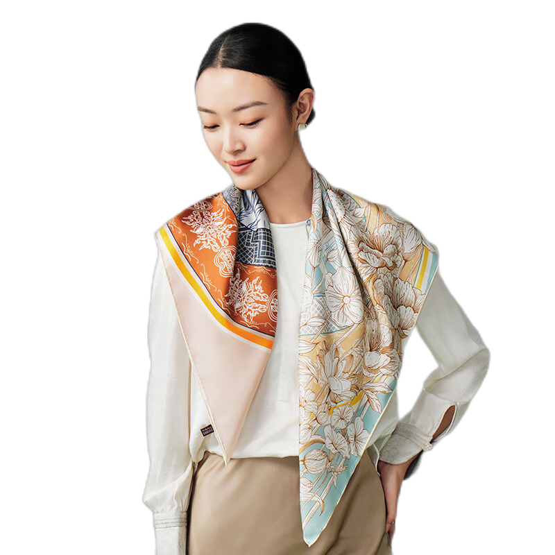 寶石蝶真絲絲巾女100%桑蠶絲圍巾女披肩媽媽生日禮物紅禮盒/煙雨青花1