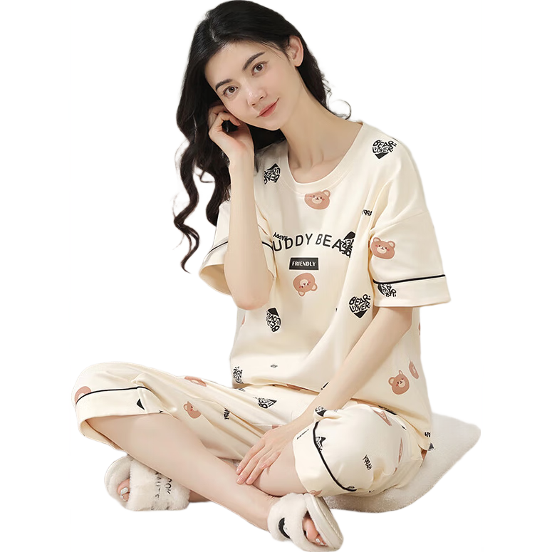 蟲兒女士睡衣女夏季100%純棉短袖七分褲圓領(lǐng)套裝學(xué)生短褲家居服可外穿