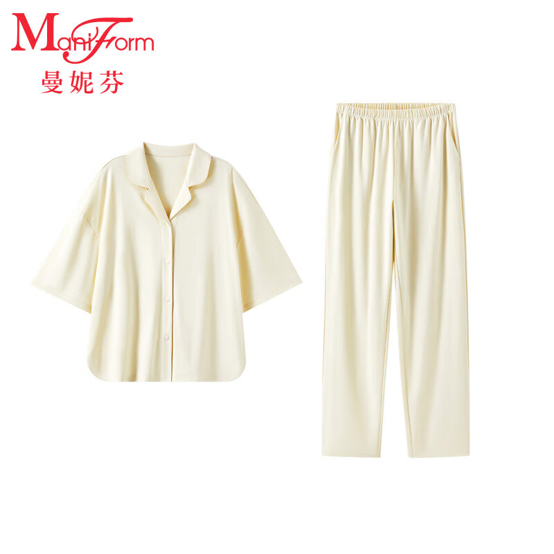 曼妮芬女士翻领七分袖长裤套装家居服睡衣裤舒适纯棉内衣20310702 060 黄色 XL 170/96A-170/80A 京东折扣/优惠券