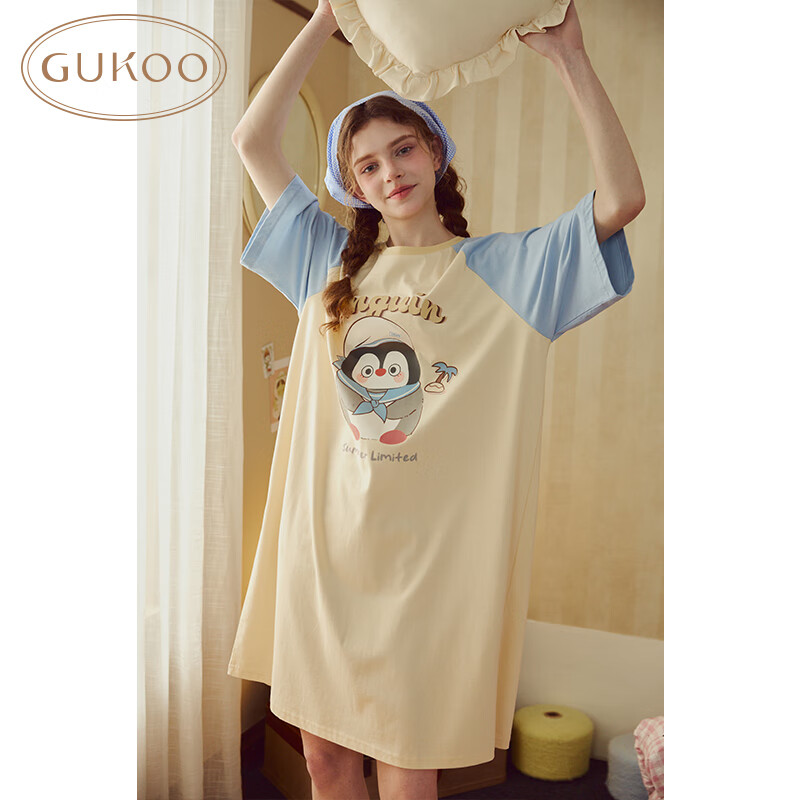 果壳（Gukoo）睡裙女春夏新款小企鹅系列睡衣女睡裙宽松睡裙圆领大卡通家居服B 奶油黄睡裙 L