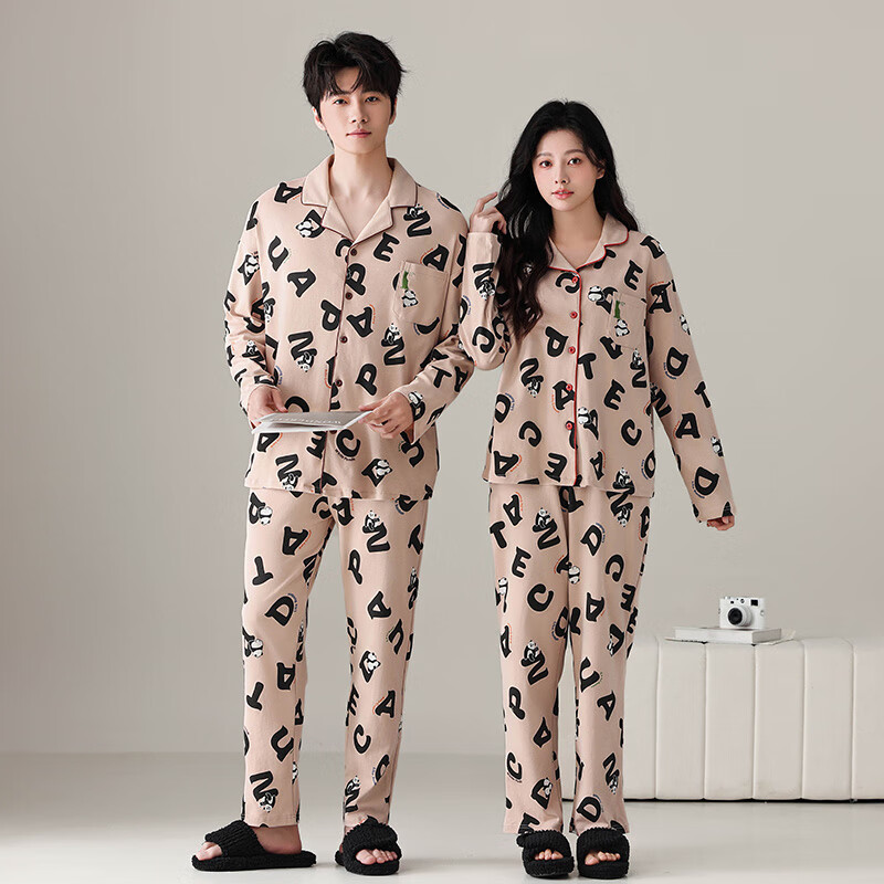 绮瑞新款春秋季情侣家居服纯棉开衫长袖卡通字母休闲全棉青年睡衣套装 咖啡女款 XL