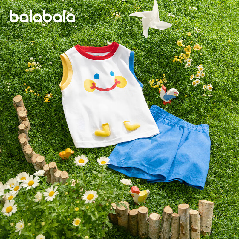 巴拉巴拉宝宝背心短袖套装男童夏装速干T恤短裤儿童童装洋气复古撞色 白蓝色调00418 110
