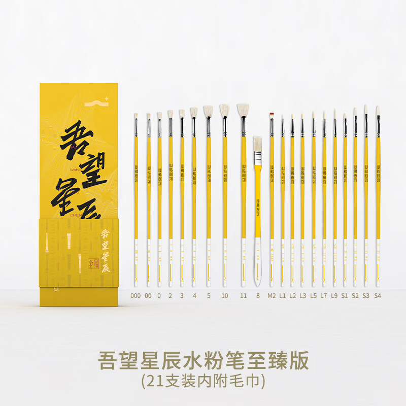 吾辰水粉笔套装美术生专用吾望星辰系列丙烯画笔油画笔专业扇形笔刷子勾线笔平头画画水洗猪鬃11支联考 吾望星辰水粉笔套装至臻版（21支