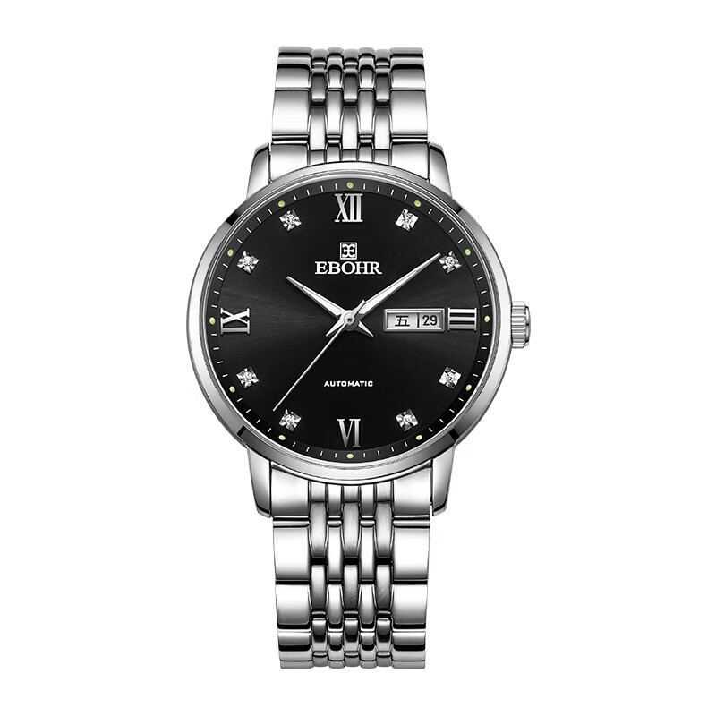 依波(EBOHR)手表男大师系列男士自动机械表生日礼物钢带国表商务送男友礼物 双历黑盘钢带51751118