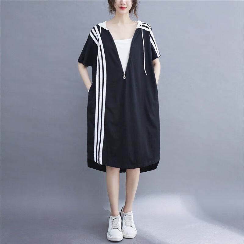 京功帶帽子的連衣裙胖妹妹夏季大碼女裝連帽中長款寬松設(shè)計感假兩件裙 黑色 M 建議90-100斤