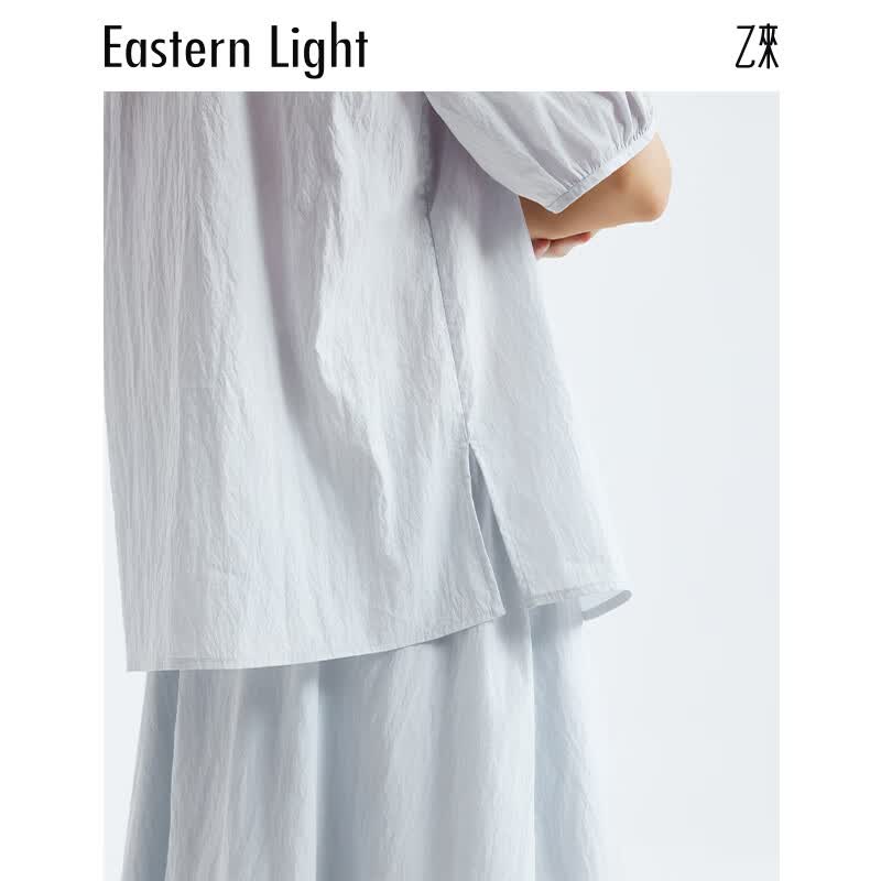 乙来(EASTERN LIGHT)2026夏季新款潮流南法拉夫领小衫衬衫连衣半身裙A字显瘦上衣气质 晨雾蓝-小衫 M
