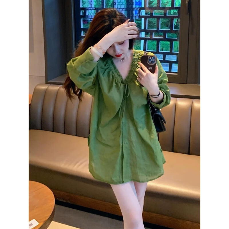 古阑迪莉胖妹妹夏季大码女装洋气显瘦套装夏开春搭配一整套胖mm绿色长袖V 绿色衬衫 【单.件】 4XL (建议180-200斤)