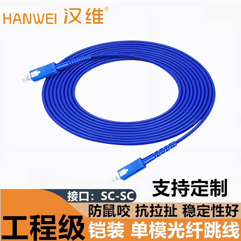汉维室内铠装光纤跳线ST-LC-FC-SC铠甲金属加强钢丝单模单芯双芯四芯光钎线防鼠咬抗拉抗压尾纤光缆 SC-SC【铠装/单芯】单模光纤跳线 15米