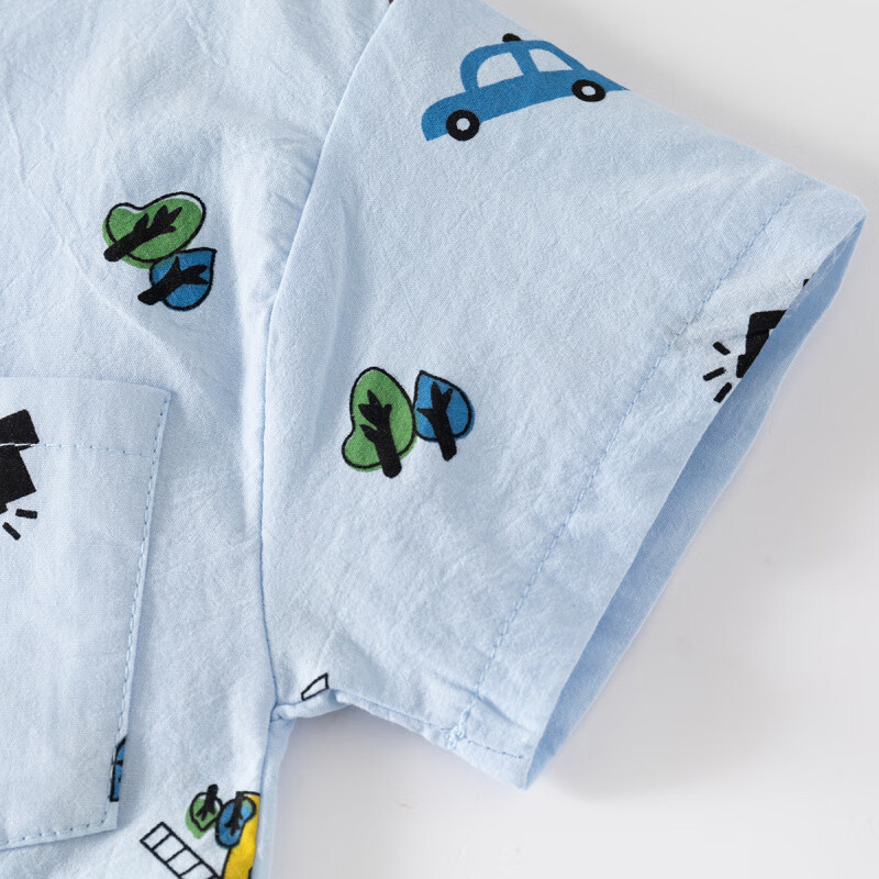 WELLKIDS新款卡通夏季立领中小男童短袖衬衫休闲柔软舒适吸湿排汗男童衬衫 浅蓝汽车恐龙短袖衬衫 90