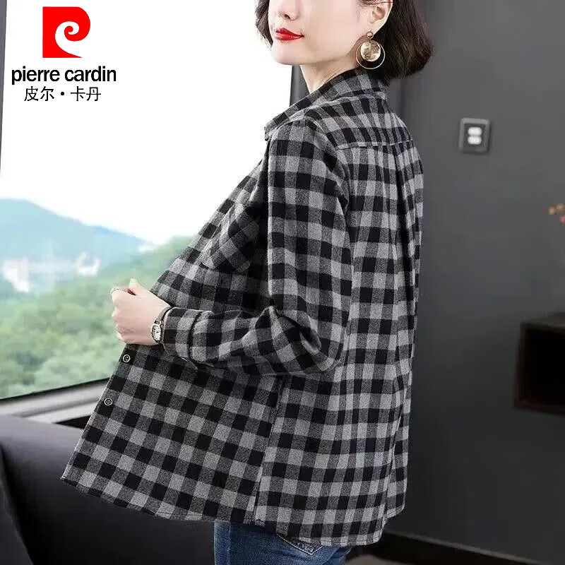 皮尔卡丹(pierre cardin)纯棉大码女装格子衬衫中年妈妈长袖衬衣韩版宽松显瘦打底衫 灰黑色格子 6XL