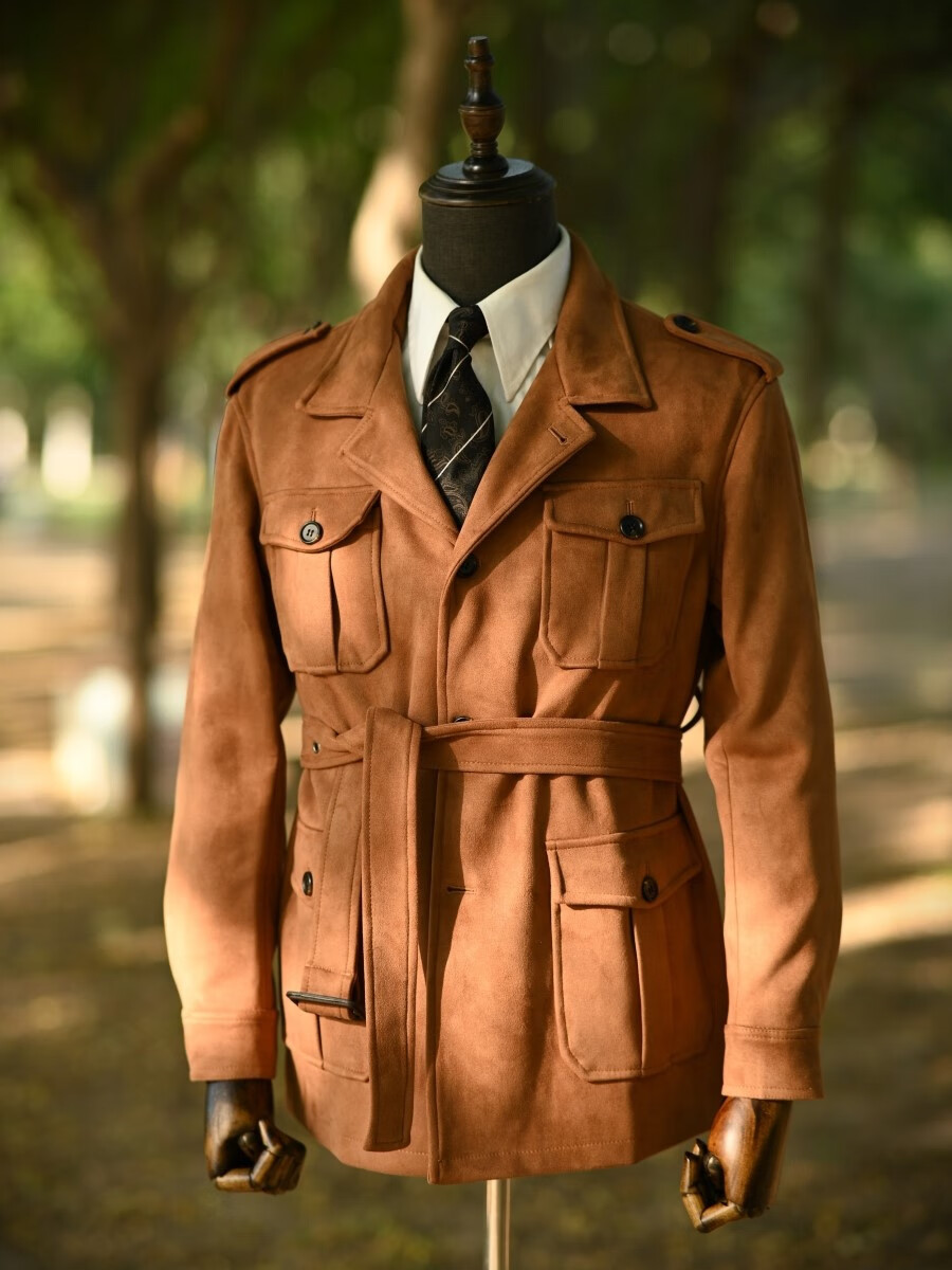 卡悠萊（KAYOULAI）二戰(zhàn)德國(guó)軍官服風(fēng)衣意式秋冬獵裝復(fù)古紳士游獵夾克多口袋仿鹿皮 棕色 S 均碼