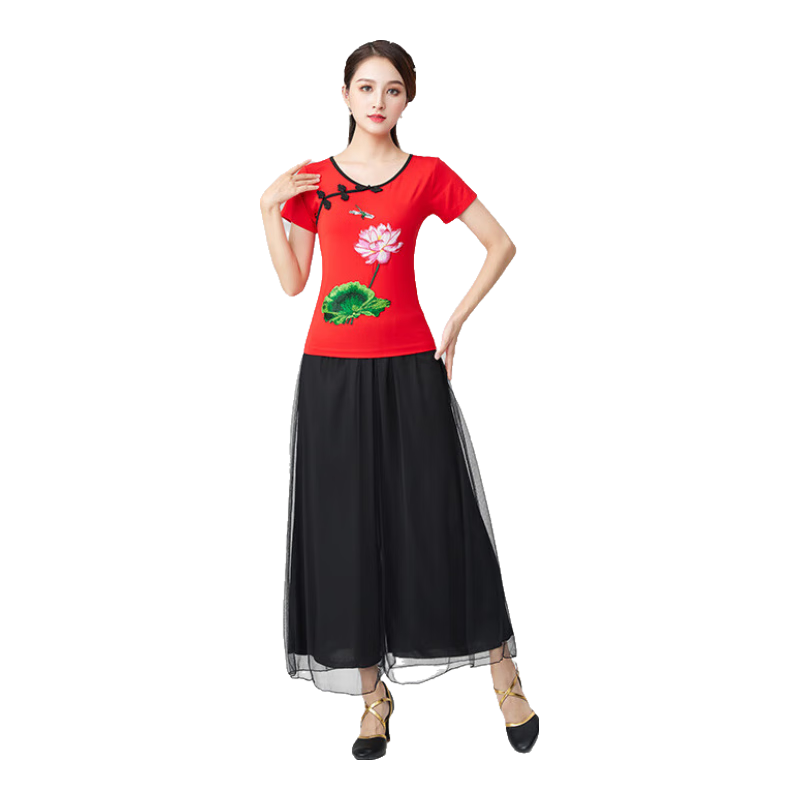 貝茲曼廣場舞服裝民族風舞蹈服女中老年跳舞衣服扇子舞表演服春夏新款 紅色短袖+黑褲 M (80斤-90斤)