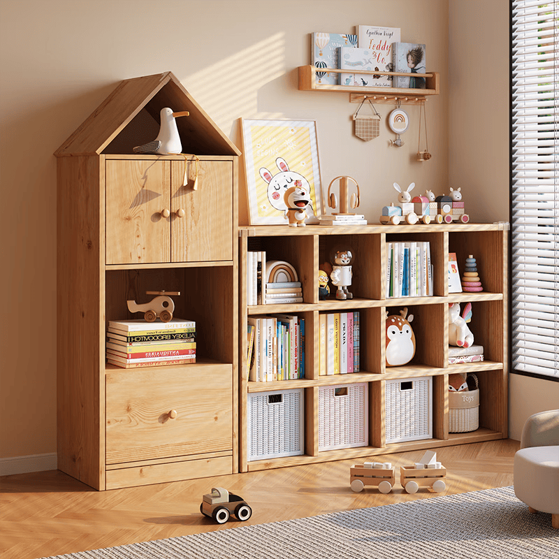 富禾实木书架家用儿童格子柜置物架多层储物柜客厅收纳松木书柜子 【房子柜】高款十二格-送防撞垫 100％纯实木