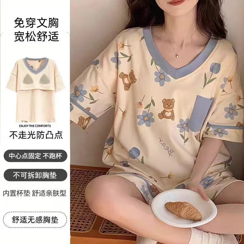 浪莎纯棉睡衣女夏季短袖短裤两件套装2025年新款薄款小熊家居服夏 带胸垫-小熊花花 XL 建议120-140斤