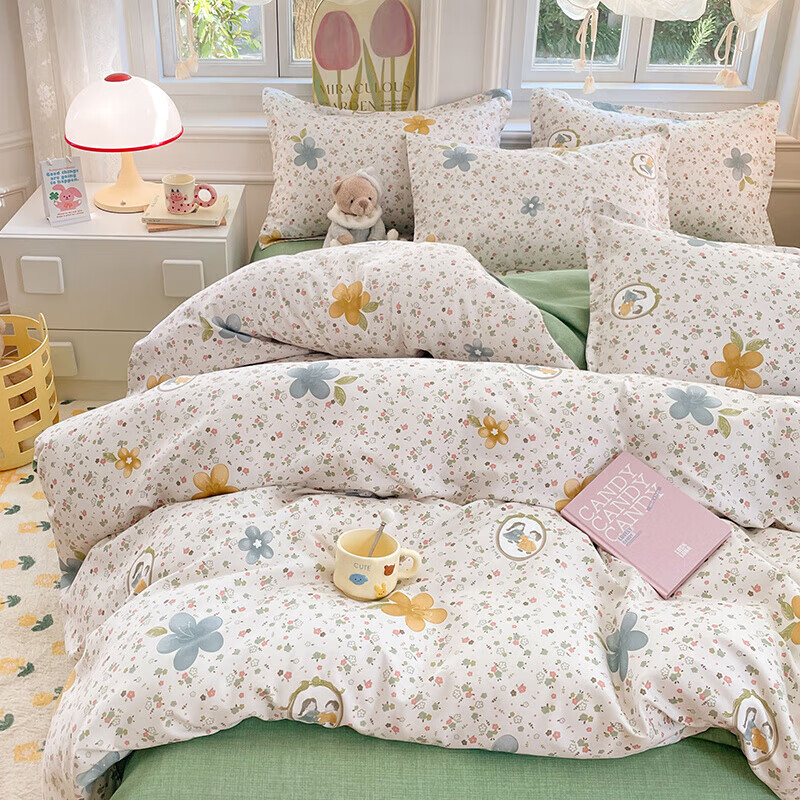 软贝小清新四件套 透气亲肤印花卡通简约田园风被套床单款套件 小家碧玉 2.0m床单款四件套被套200*230cm