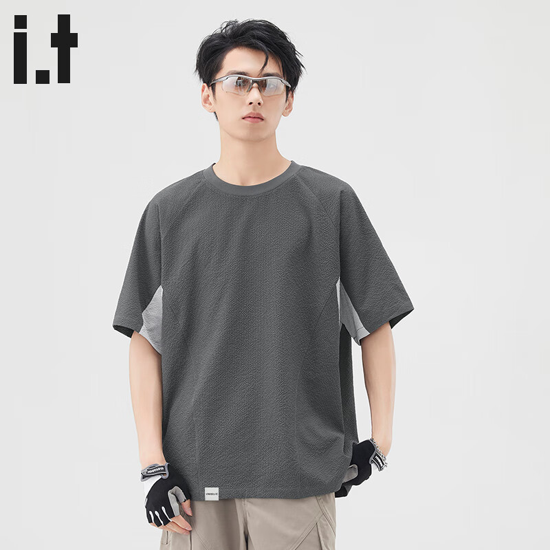 :CHOCOOLATE it凉感短袖t恤男2025夏季宽松圆领运动休闲重磅拼接上衣男装 深灰色 【官方正品】 L 【建议120斤-135斤】