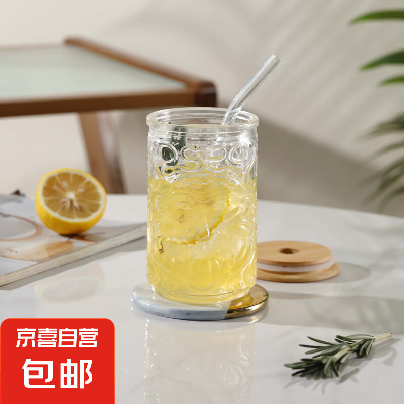 鸡尾酒杯鬼脸果汁杯冷饮杯玻璃沙冰杯神像杯480ml 鬼脸吸管杯【配吸管】