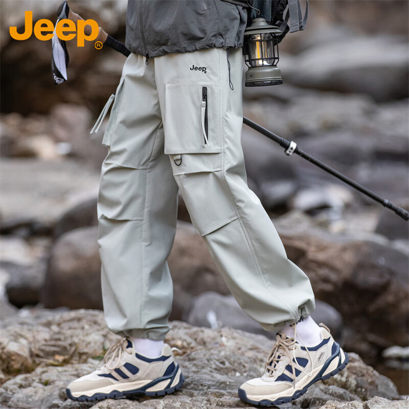 吉普（JEEP）工装裤男士夏季美式宽松直筒多口袋休闲登山运动裤 白灰 L