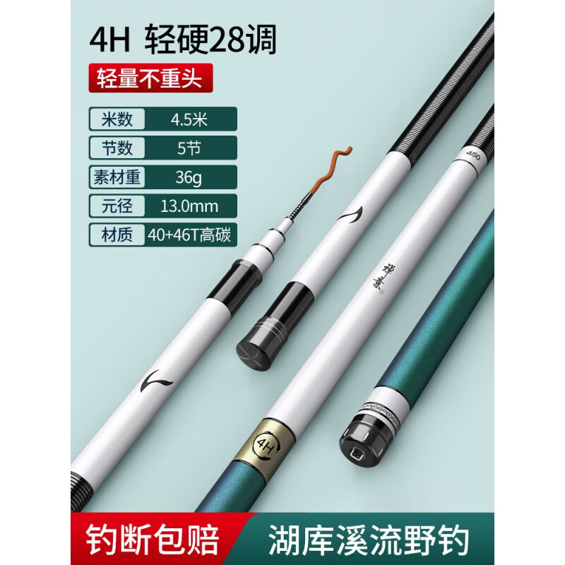 化氏一味max同款鱼竿手竿超轻超硬野钓28调19调黑坑鲢鳙轻量大物台钓 4.5m 【高碳进阶版】4H28调仅49克