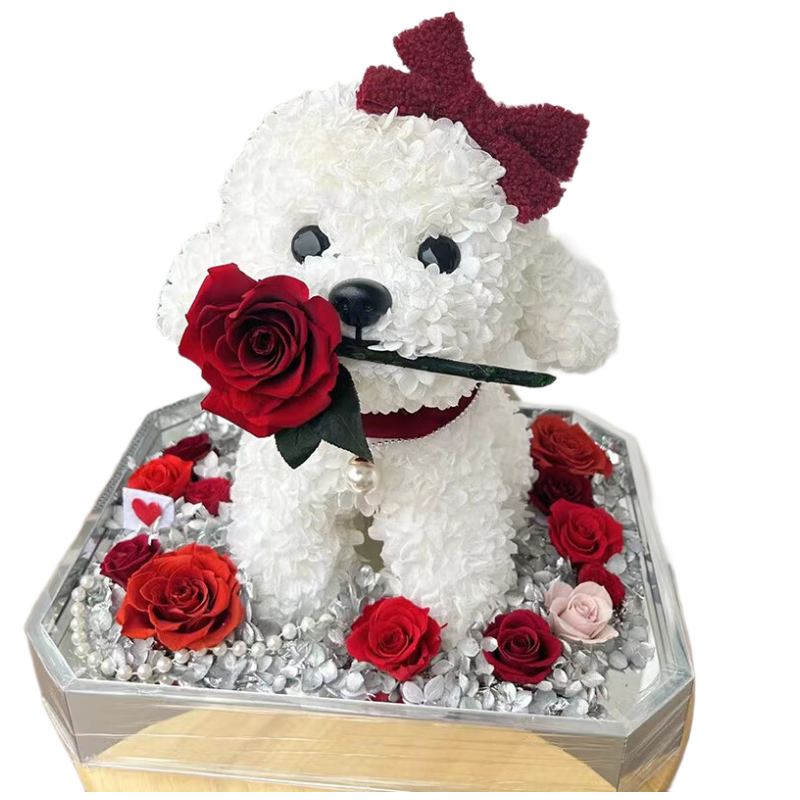JoyFlower永生花玫瑰花泰迪狗擺件生日禮物結婚紀念日送女生朋友老婆高級感
