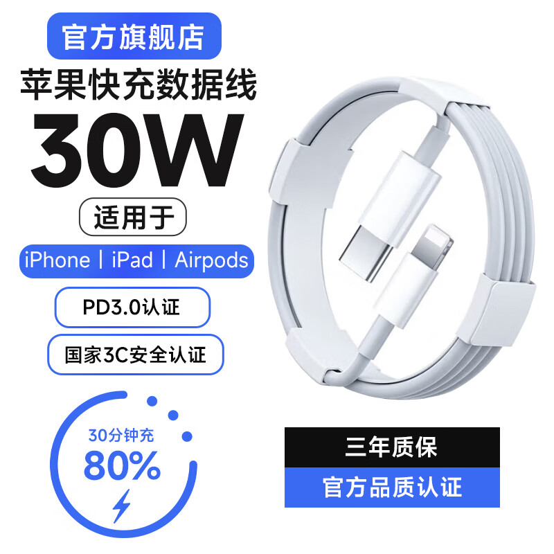 PRA适配苹果数据线充电线30WPD快充线正品原装iPhone16ProMax/15/14/13/12手机ipad/pro/air数据线20W 【苹果8-14系列专用】快充线1.5米 2条装