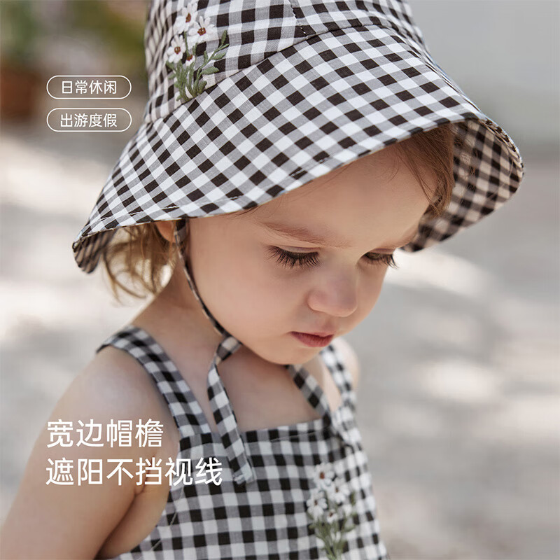 BabyloveHome【清仓】女宝宝帽子夏季遮阳帽婴儿法式洋气格纹防风帽外出太阳帽 维希风尚 46cm(根据宝宝头围选择)
